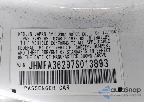 2007 Honda Civic Hybrid z USA, uszkodzony, nr VIN JHMFA36297S013893